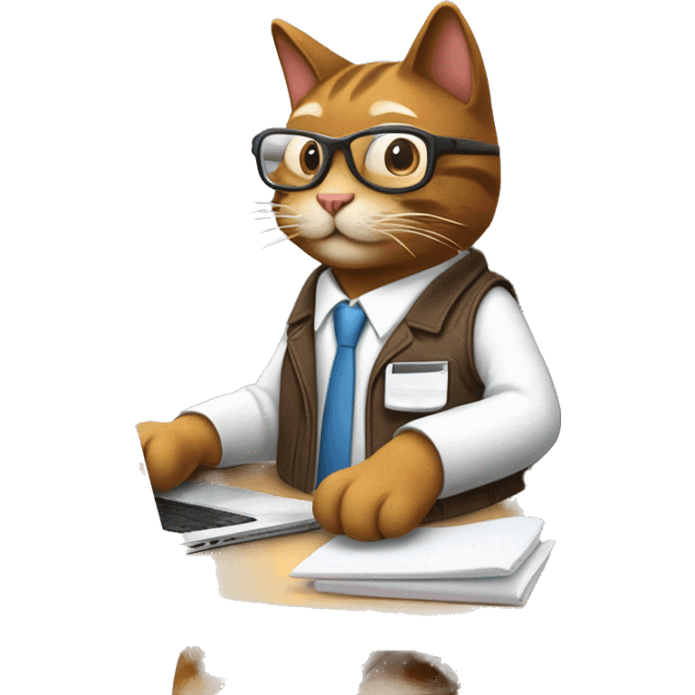 Create an emoji of a happy brown cat with computer glasses, typing on a computer and taking notes. The cat is sitting on an ergonomic chair, with a coffee mug, a potted plant, and wearing a jacket because the office AC is cold. emoji