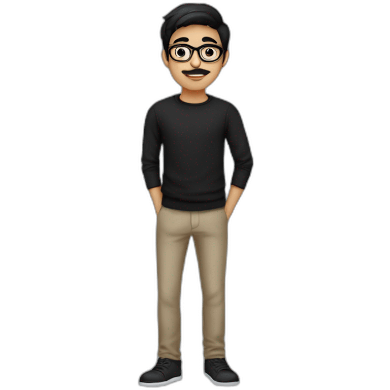 a light skin Pakistani teenager, wearing round glasses, short moustache, black straight hair, black jumper/sweater, structured manly face emoji