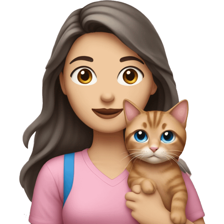 White woman with blue eyes and long dark hair wearing a pink shirt and holding a tabby cat emoji