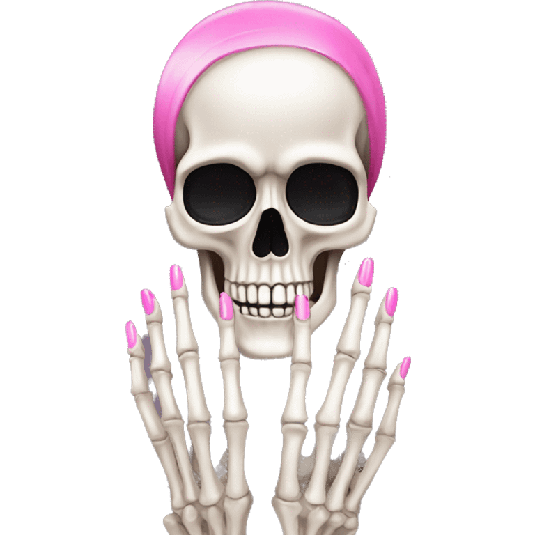 Pretty skeleton 5 fingers hand with pink nails manicure girly design but stylish minimalistic emoji