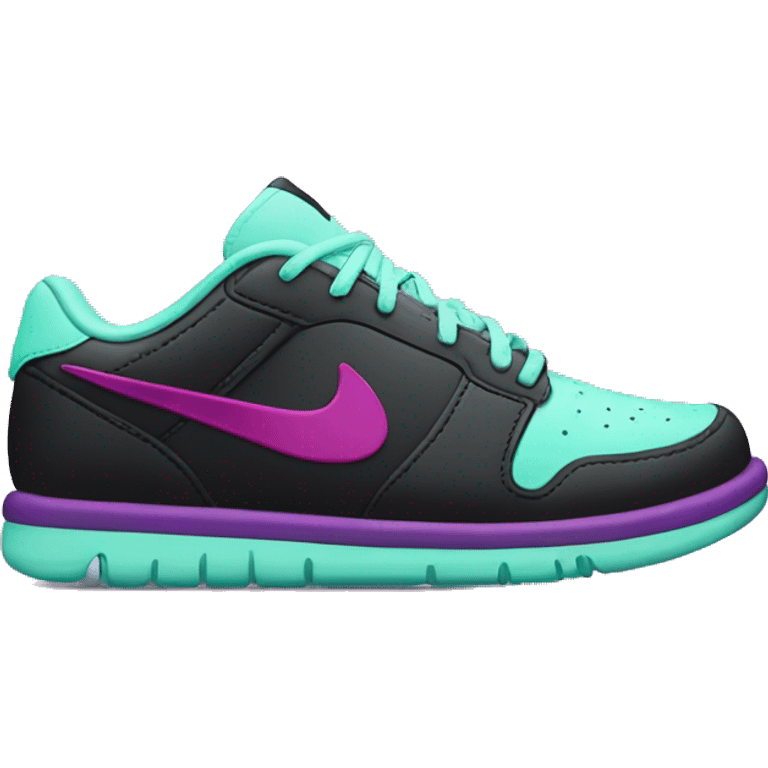 Hyper Realistic isolated side view of a  pair of black,mint green,magenta,and dark purple Nike Sneakers. emoji