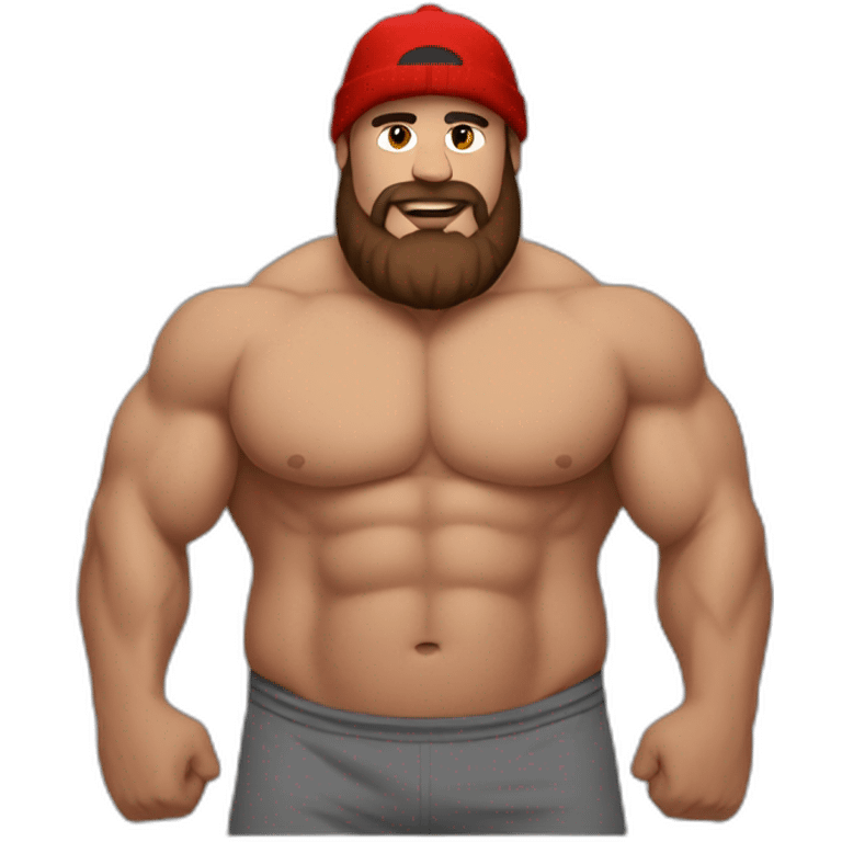 Fat Muscle builder flexing in grey sweats no shirt brown and brown beard red winter hat emoji