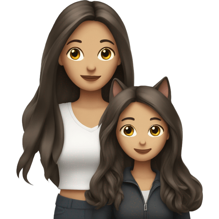 Two long hair brunette girls with TWO cats emoji