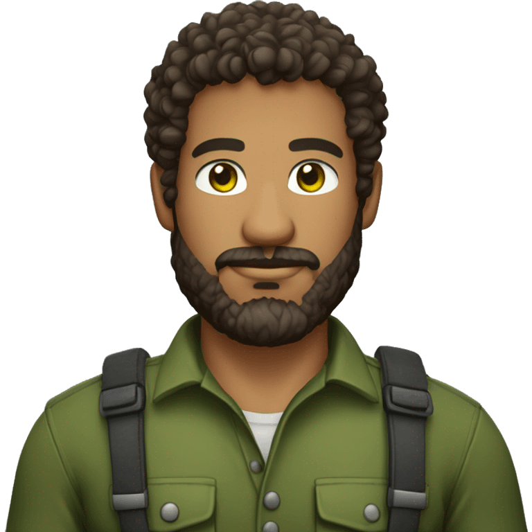 muscular mixed race software developer wearing green eyes, beard and curly hair lumberjack shirt military emoji