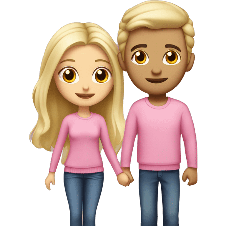 A beautiful blonde girl with brown eyes wearing a pink sweater. She’s kissing her boyfriend who is taller and darker blonde hair with brown eyes and a white T-shirt. emoji