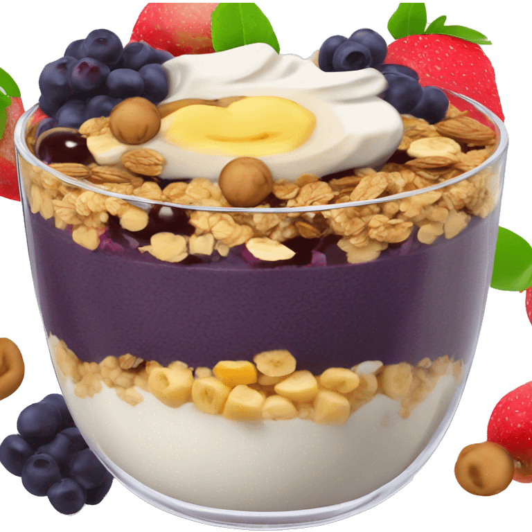 Açaí in a clear cup with layers of fruits and granola and condensed milk emoji