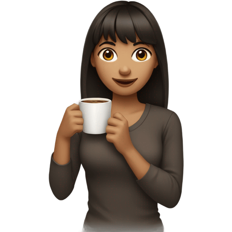 a girl with dark brown hair and bangs holds a cup of coffee in her hands emoji