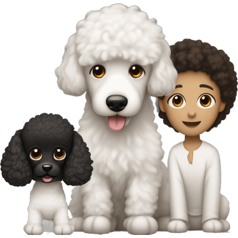 A family consisting of 1 white man with dark brown hair and sharply trimmed facial hair, 1 white woman with long black hair and one toy poodle with brown hair and another toy poodle puppy with black hair, heads only emoji