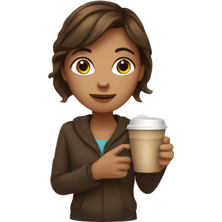 girl with brown hair holding a coffee emoji