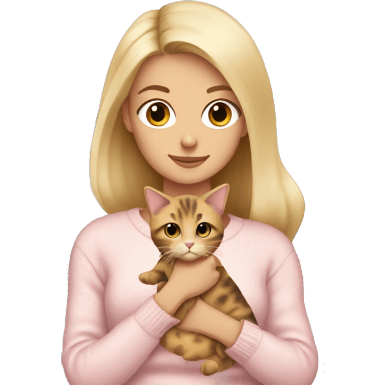 blonde girl wearing a pale pink sweater  holding a tortoiseshell cat with a white belly emoji