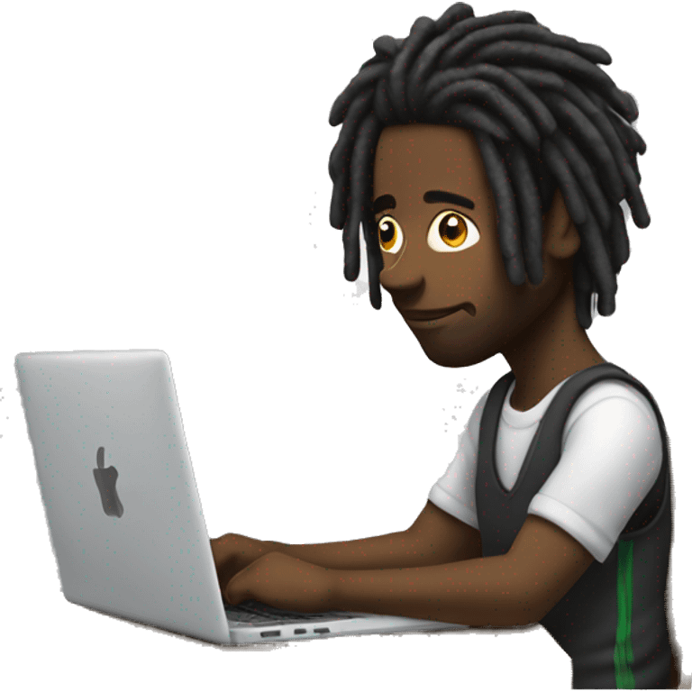 Black guy with dreads-sitting-down-on-chair facing right-handsided -focused-on-laptop-computer  emoji