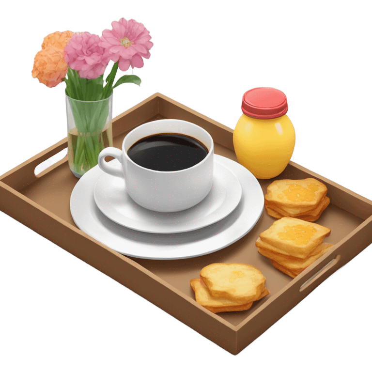 Breakfast on serving tray with three flowers in small vase  emoji