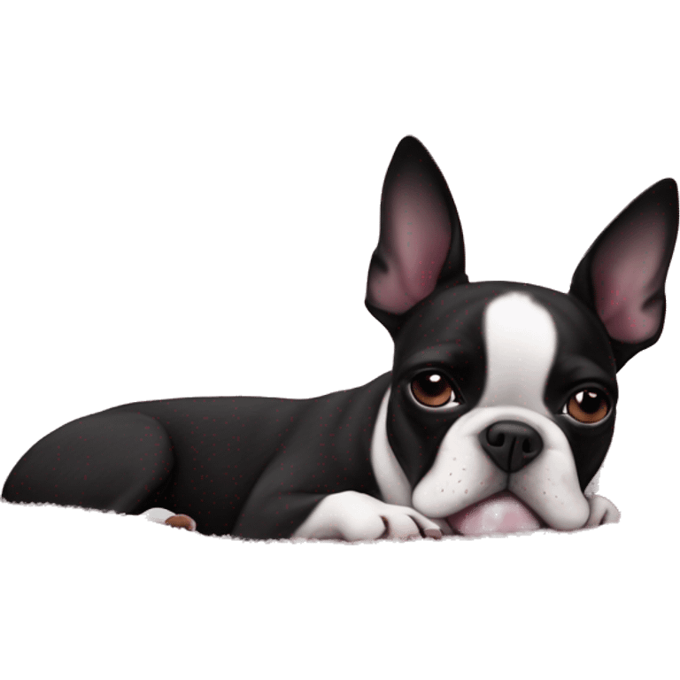 Boston terrier sleeping on pink fluffy bed emoji