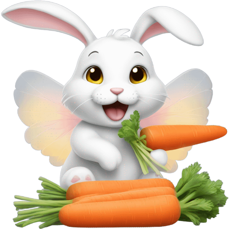 Adorable bunny eating carrots with fairy wings on  emoji