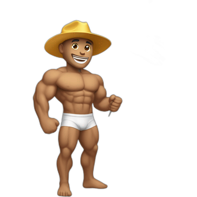 Create a full-body emoji of a muscular man, wearing a New Year's hat and holding a generic celebratory flag. emoji