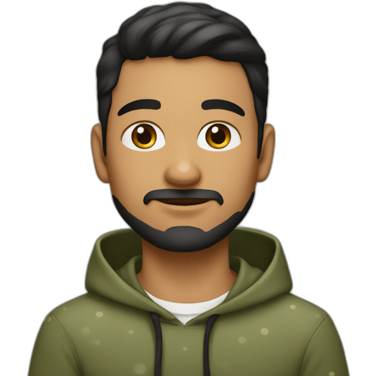 olive skin man with white black spotted cat on lap with short beard hazel eyes and black hair wearing hoodie emoji