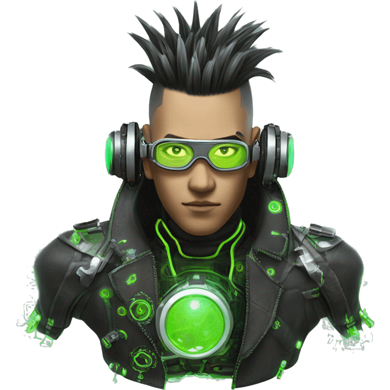 Mohawk hair with neon green highlights Asian male cyborg head with neon silver steampunk goggles and circuits emoji