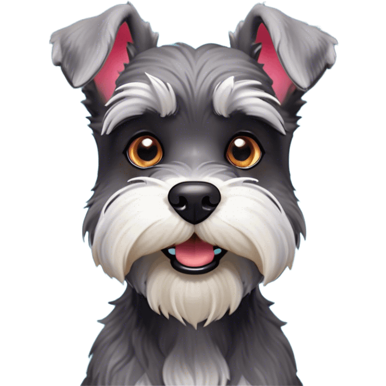 Cinematic Comical Miniature Schnauzer Portrait Emoji, Head tilted dramatically with a comically shocked expression and large, animated eyes, featuring a sharply defined salt-and-pepper fur with exaggerated, humorous eyebrows, simplified yet hilariously detailed, glowing with a bold, playful radiance, high shine, exuding a spirited and cheeky charm, styled with a soft glowing outline, capturing the essence of a Miniature Schnauzer that appears ready to dash into a burst of comic energy! emoji