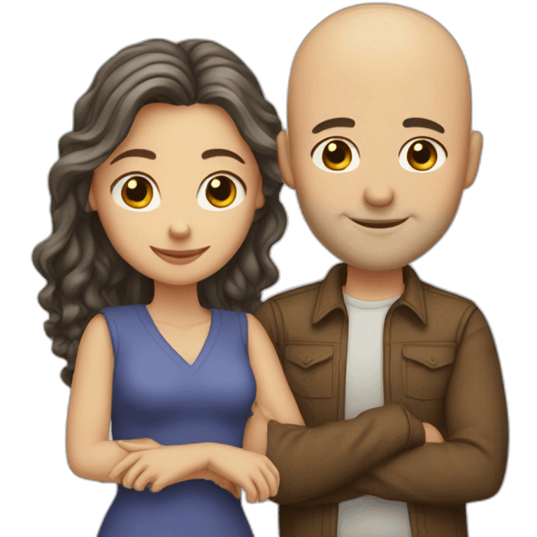 caucasian bald man and a caucasian woman with long curly dark hair hugging emoji