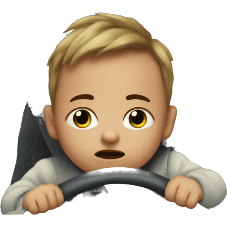 Baby driving frustrated in traffic needing to go to the bathroom emoji