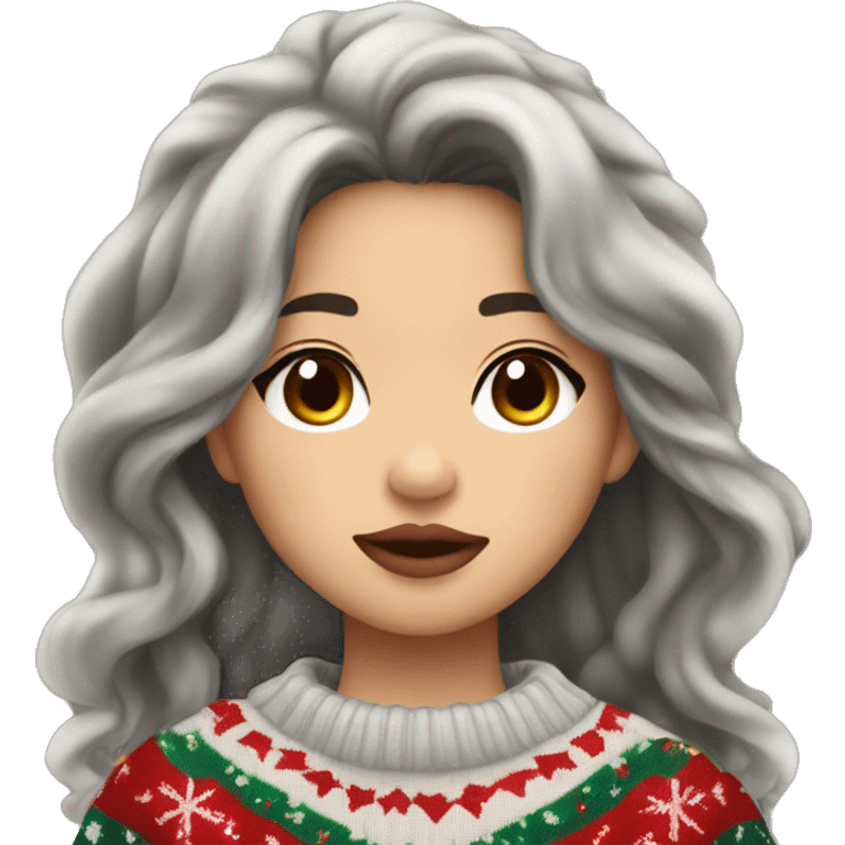 Asian girl with thick lips long wavy dark hair on the side with Christmas sweater  emoji