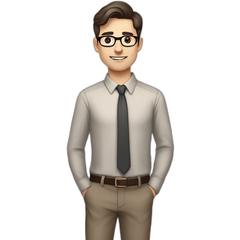 Pale skinned fit man with dark brown hair in gray jacket, beige office shirt, brown tie, brown pants and vintage glasses Writing on the flipchart emoji