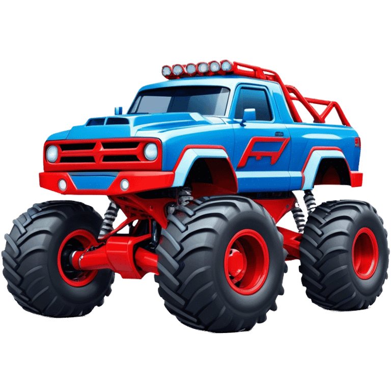 Avenger - Monster Jam (Model Year: 2021) (Iconic colour: Blue and red) - A dynamic monster truck with a split-color scheme: predominantly blue accented by bold red elements. Focus on strong, angular lines and vivid contrasting colors that evoke high energy and a futuristic, rebellious style. emoji