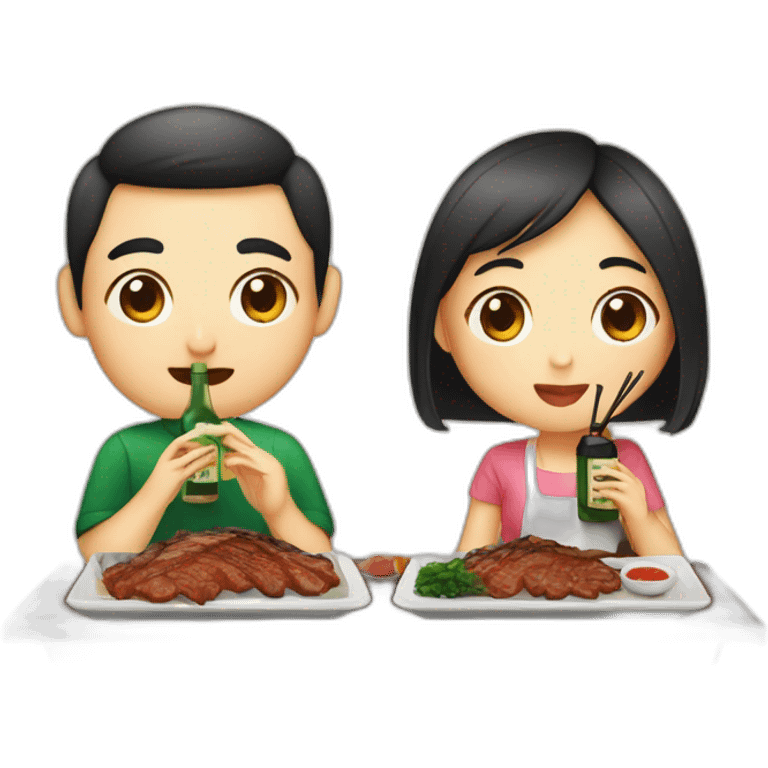 An Asian couple girl eating Korean bbq and drinking soju emoji