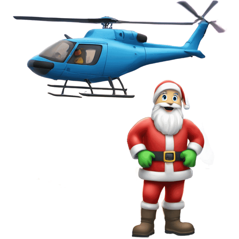 Santa Claus delivering present with helicopter on snowy roof emoji