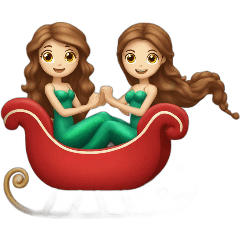 Two brown haired mermaids in Santa’s sleigh emoji