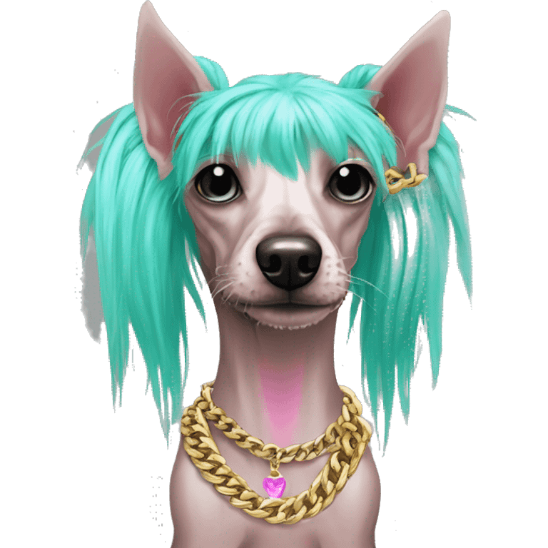 Punk Chinese crested dog neon cyan green pink hair gold chain punk piercings tattoos punk ear piercings emoji