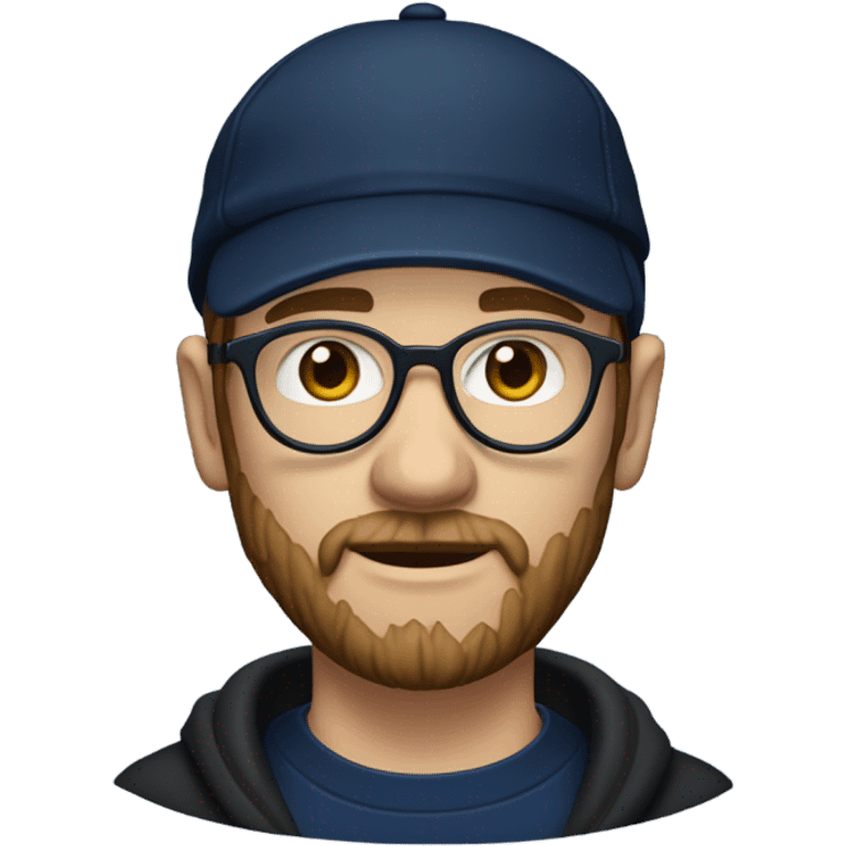 a white dude with a brown beard and sideburns and thin frame glasses wearing a black newsboy hat a navy blue pull over hoodie and dark blue t shirt emoji