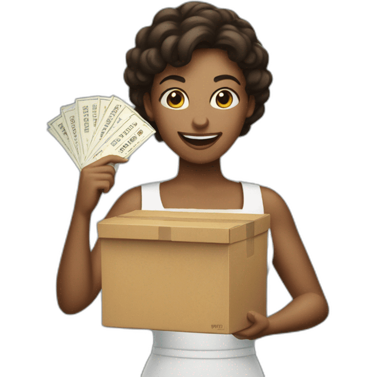 woman holding raffle box with ticket flying out emoji