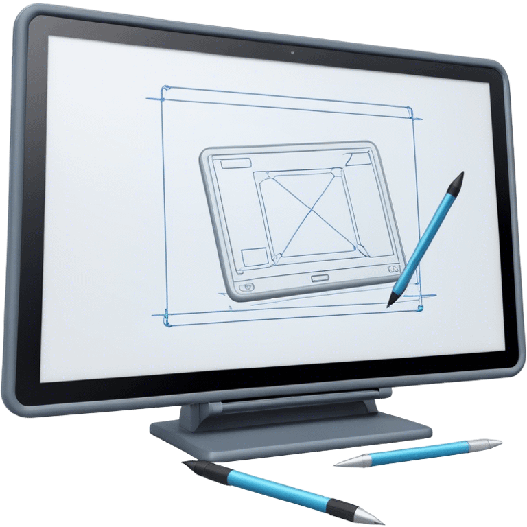 Create an emoji for 3D visualization and modeling. Show wireframe model that pops out from the screen of a large graphic tablet with a stylus drawing in a 3D modeling program. Use modern, professional colors. Do not include any emojis or smiley faces. Make the background transparent. emoji