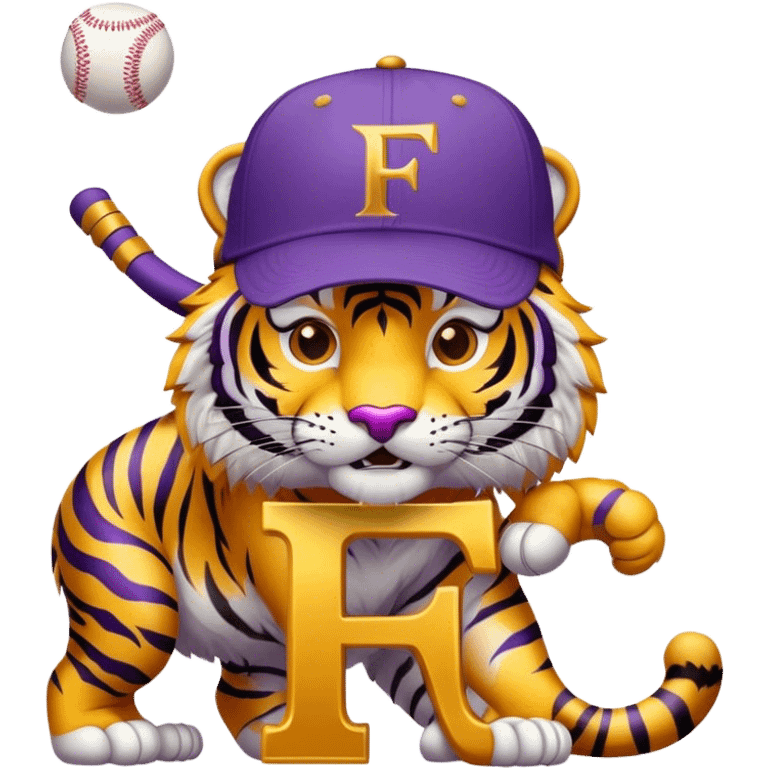 Purple and gold tiger mascot with baseball hat on with letter F  emoji