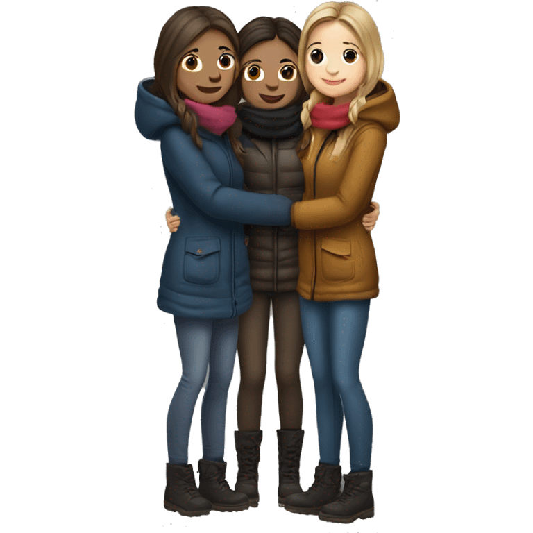 Three girls hugging - two with dark blonde hair and one with dark brown hair. Girls are in winter jackets and standing full length. emoji