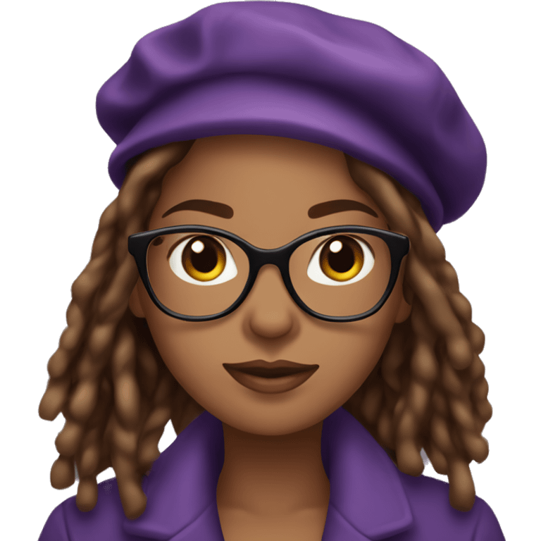 Beautiful brown skin woman with brown eyes, long locs, wearing cat eye glasses and a purple beret and coat emoji