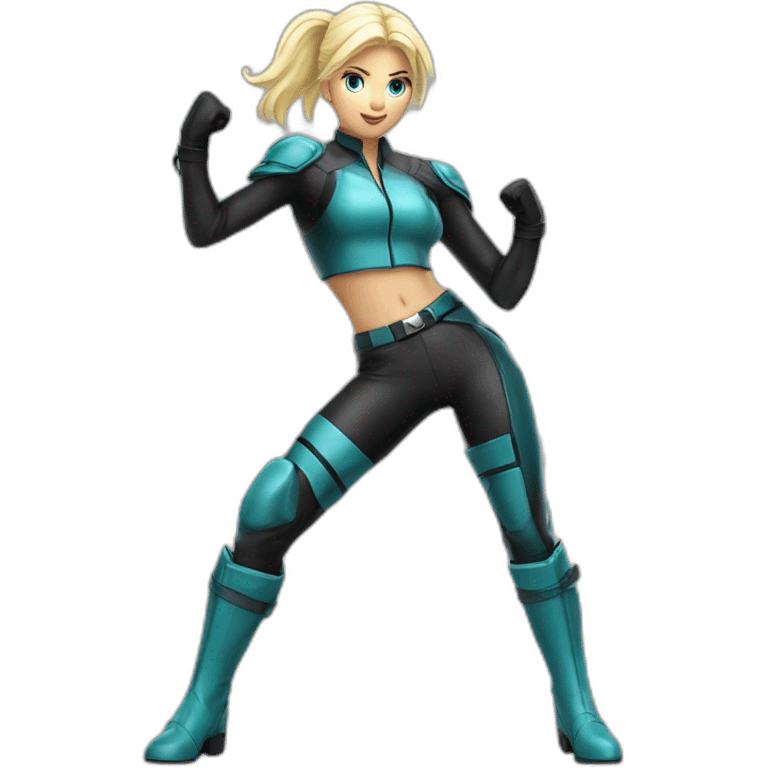 1 girl, racer, leather suit, latex legwear, leather skirt, platinum blonde hair, ponytail, smirk, aqua eyes, leather boots, canyon, Victory pose, Fighting stance emoji