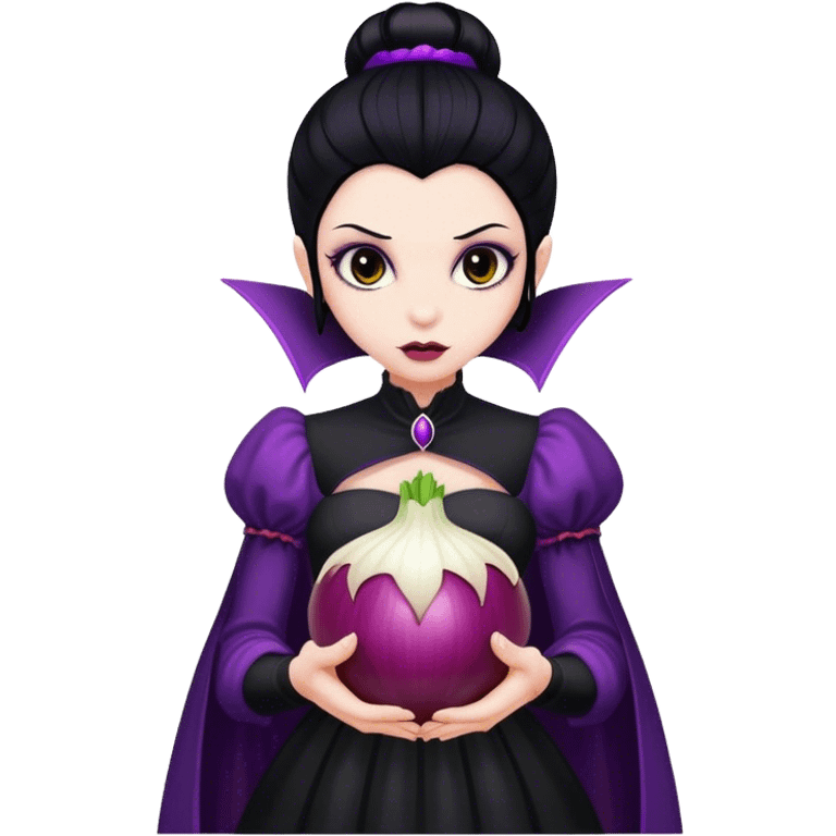 The vampire in black dress, black hair, brown eyes, holding a big violet onion  emoji