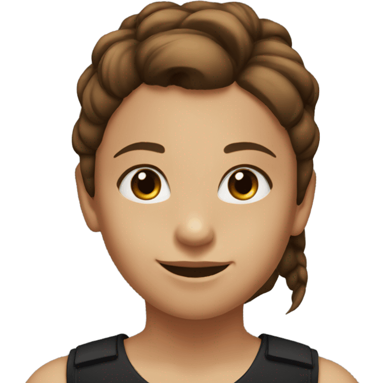 girl with brown pony tail and brown eyes smiling with black tank top on emoji