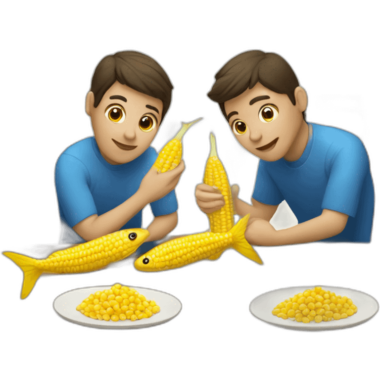 two fishes sitting at the brown table and eating corn  emoji