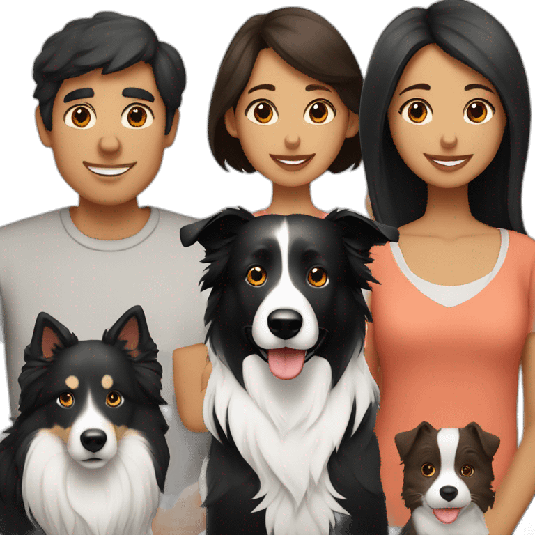 Family  man, black long hair woman and border collie, short hair, back and White, Big mole on snout emoji