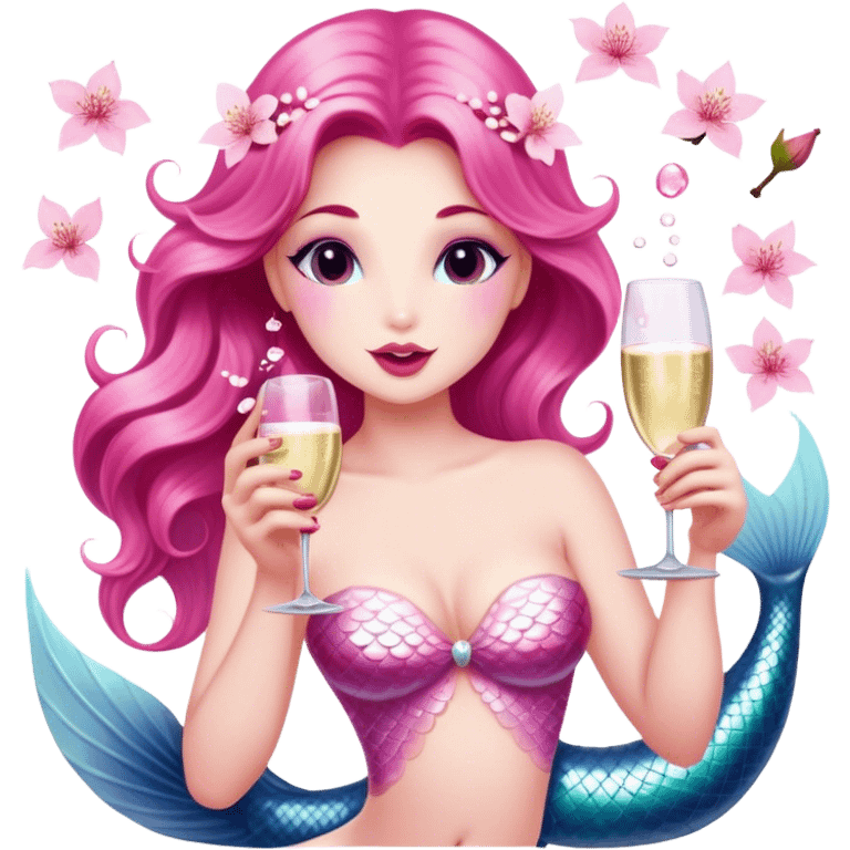 A caucasian mermaid drinking champagne dressed in pink,Cherry blossom emoji