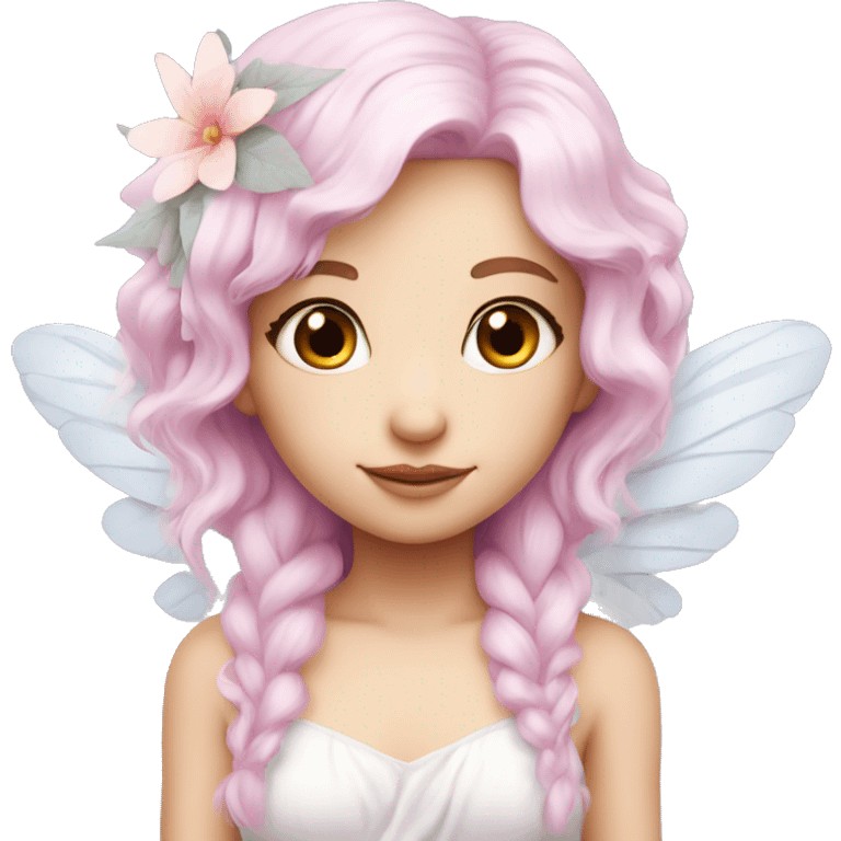 Beautiful, flower fairy, white long, light pink hair, big wings, fair skin, light violet eyes  emoji