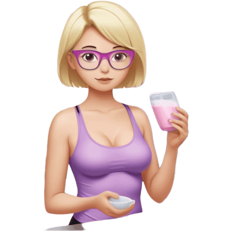 Thick fair skinned woman, short blond hair, small light purple reading glasses, washing dishes, sheer pink tank top, showing natural B cup breast shape SFW, black yoga pants, thick booty emoji