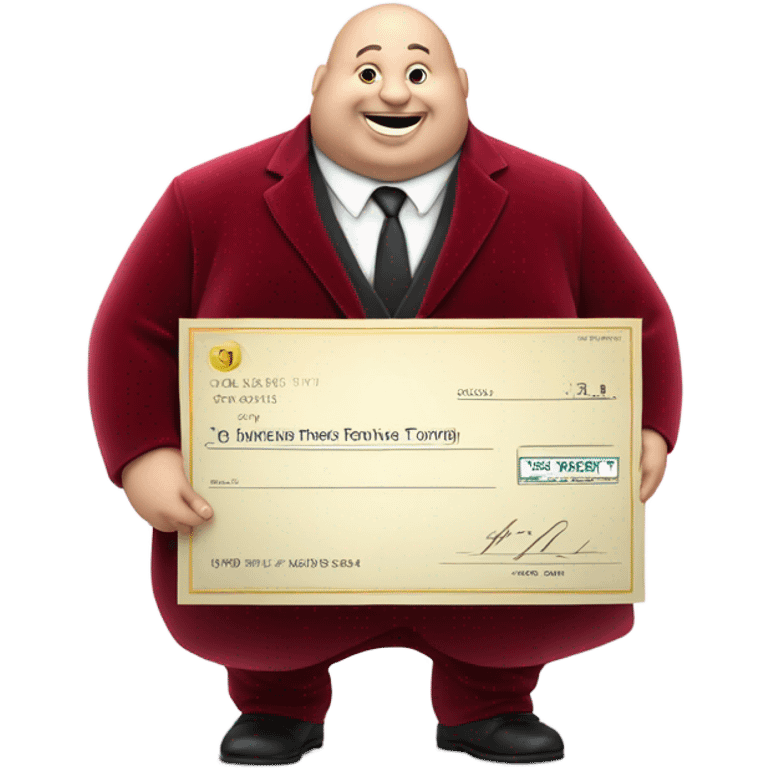 fat guy in dark red velvet suit holding cheque emoji