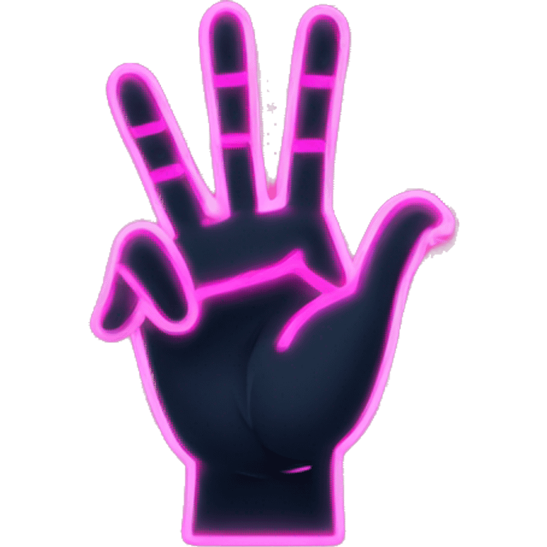 Create a minimalist emoji-style hand with a pink neon outline, similar to a peace sign hand but with three fingers raised. The hand should be simple, cartoonish, and have a soft glow to the pink outline against a dark background. emoji