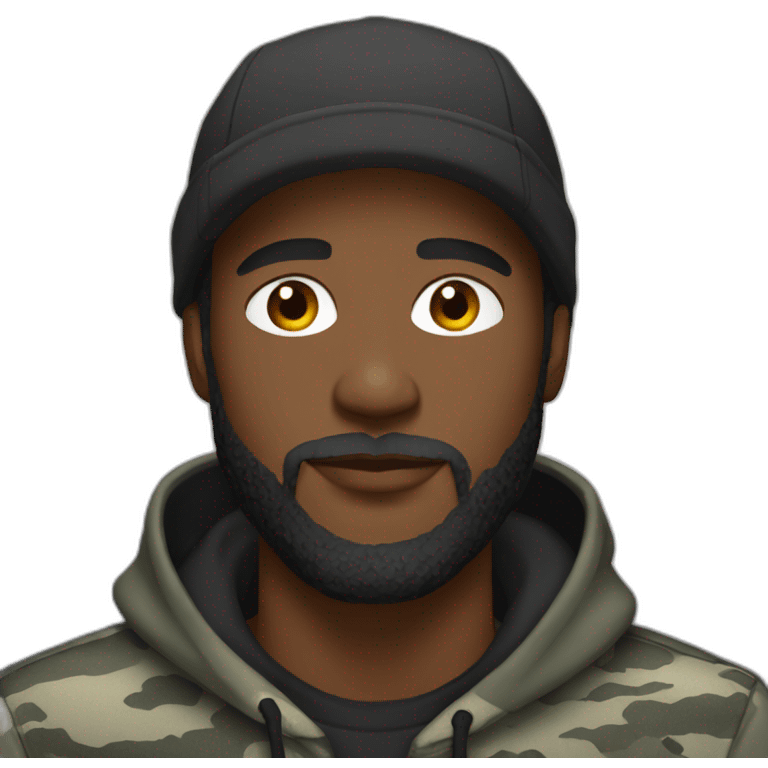 black man with a beard, gray camo hat, black pullover  hoodie emoji