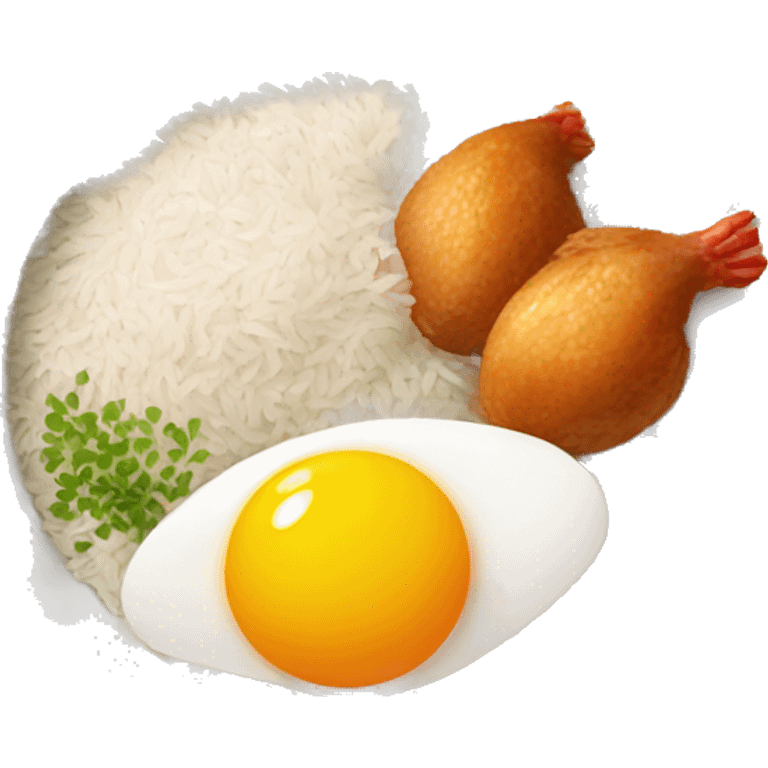 a bowl of rice with two eggs and two chicken drumstick on top emoji