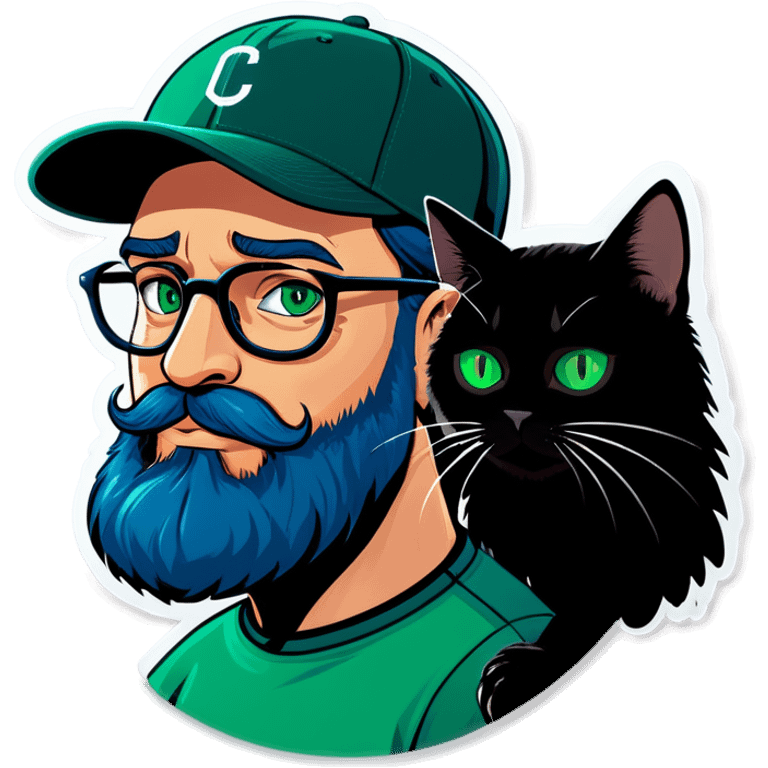 A bold man with a grey baseball cap, green eyes, big beard and glasses holding a black cat emoji